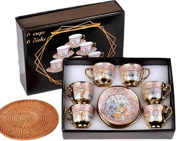 VIRCO Pack of 6 Ceramic Coffee & Tea Cup with Saucers | Kitchen Dining Luxury Gold Tableware Small Size