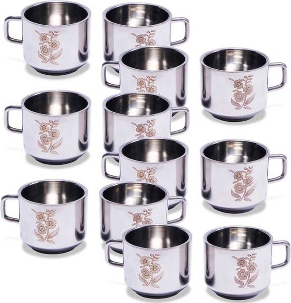SCG Pack of 12 Stainless Steel Double Wall Floral Laser Printed Tea and Coffee Cup Set 100ml Each