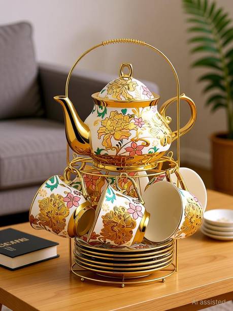 DEEPTECH EXPERTISE Pack of 13 Porcelain Tea Set Teapot (800Ml) |Tea Set With Kettle , 6 Plate & Holder Stand|Cup Set