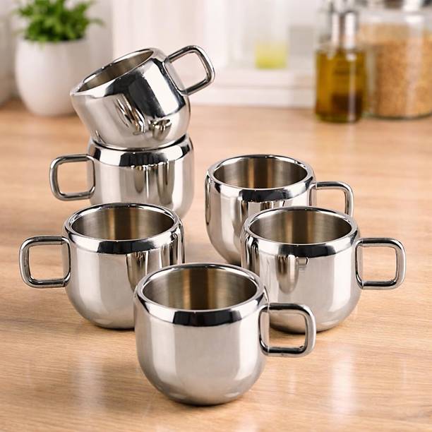 YM Stainless Pack of 6 Stainless Steel Double Wall Tea & Coffee Cup Small Size 90ml