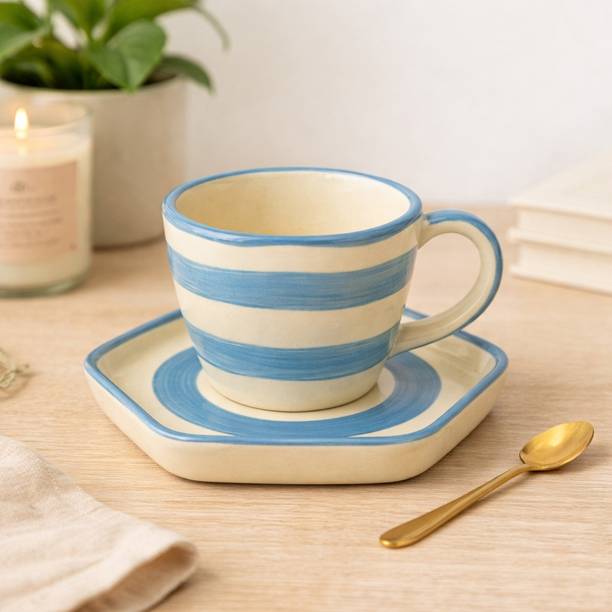 EarthyCraft Pack of 1 Ceramic Handcrafted Blue & Cream Ceramic Cup and Saucer, Modern Artisanal Stoneware