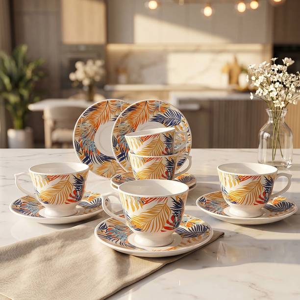 U.P.C. Tea Cup & Saucer Set of 6 | Tropical Leaf Print | Luxury Tableware बोन चाइना