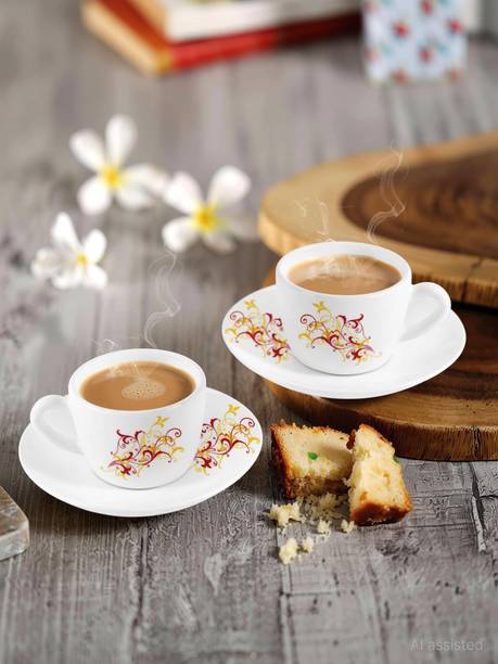 cello Opalware Yellow Scroll Queen Cup and Saucer Set