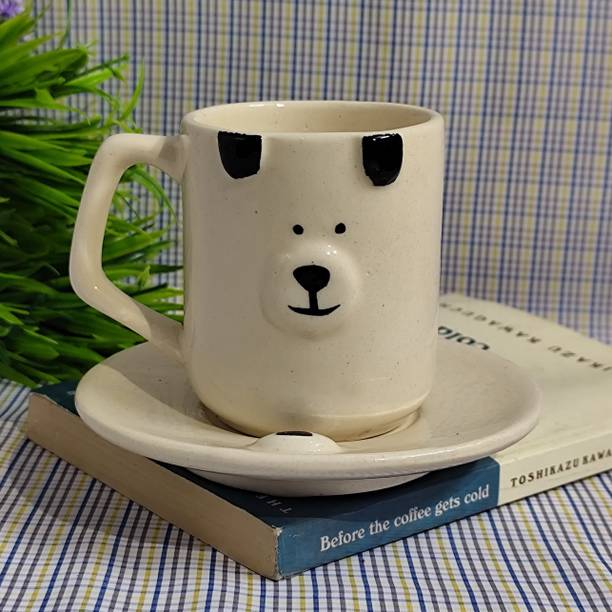 Ceramicmomo Pack of 2 Ceramic Handmade Ceramic Bear Face Mug with Saucer | Cute Coffee Tea Cup for Gifting
