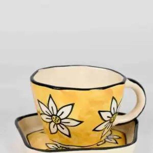 COZYCO Pack of 1 Ceramic Floral Handcrafted Ceramic Cup & Saucer
