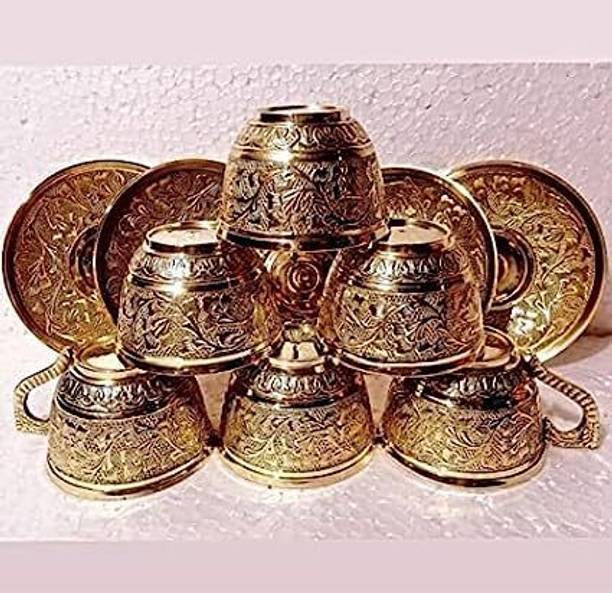 Rajneesh Handicraft Pack of 6 Brass Solid Brass Tea Cup and Saucer Set of 6
