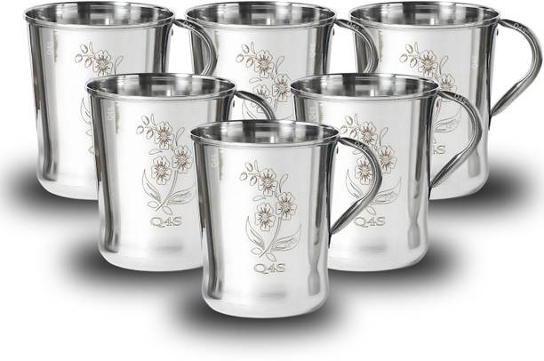 Q4S Pack of 6 Stainless Steel Cup set for tea coffee chai cups gloss shine steel surface with flower print