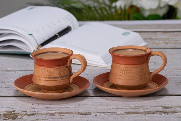 करूँ क्रैफ्ट Terracotta Handcrafted High Nack Design Tea Cup with Saucer Set of 2, 120 ml टेराकोटा