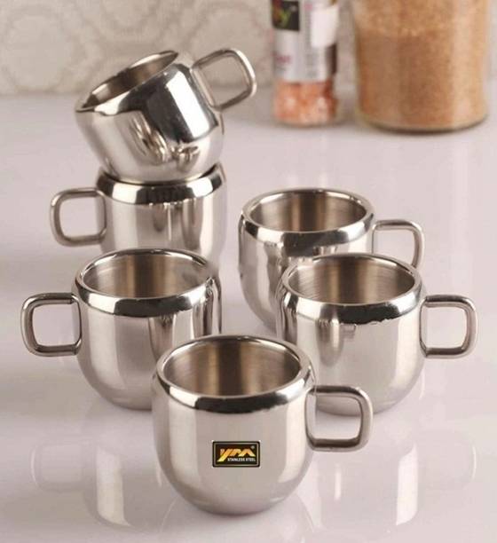YM Stainless Steel Pack of 6 Stainless Steel Double Wall Tea & Coffee Cup Small Size 80ml