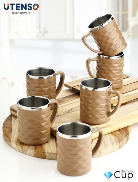 UTENSO Pack of 6 Plastic, Stainless Steel Tea Cup Coffee Mug Double Wall Insulated Hot Cold Food Grade Rust Proof Handle