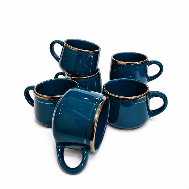 UMANG DECORATOR Pack of 6 Ceramic Blue Gold Rim Mug