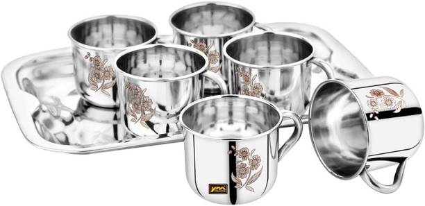 YM Stainless Steel Pack of 6 Stainless Steel Deluxe & Coffee (6 PCs Cups with Tray) - 150ml (Laser Design)