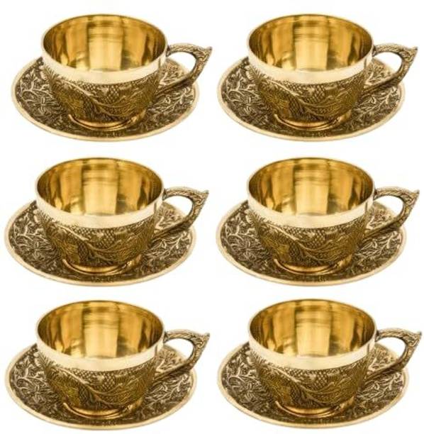 Extreme Karigari Pack of 12 Brass Handcrafted Brass Tea Cup & Saucer | Antique Gold Finish