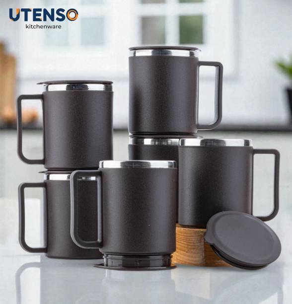 UTENSO Pack of 6 Plastic, Stainless Steel Long Lasting Heat Resistant Double Layer Cup With Lid Handle For Tea Coffee 6 Ps