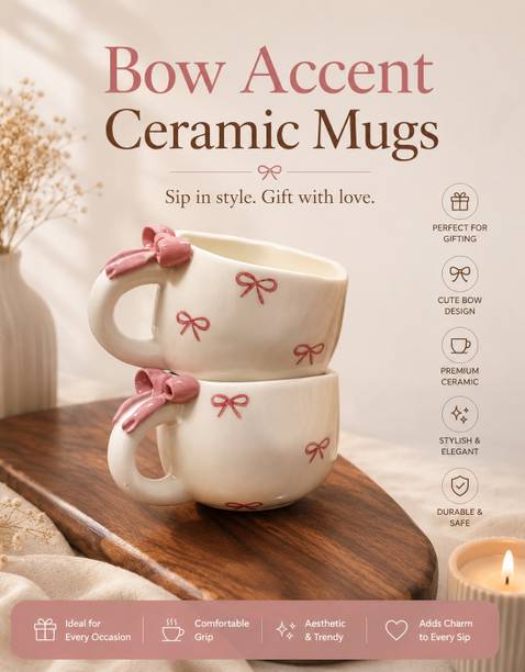 Uroozahmadshop Pack of 2 Ceramic Sagar Ceramic Elegant Bow Coffee Cups (Pack of 2)