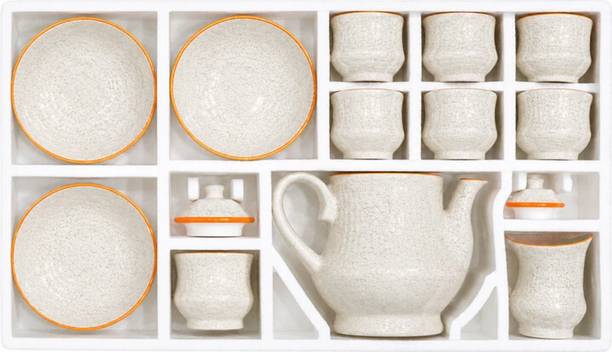 Al Huda Traders Firm Pack of 15 Bone China Glossy 15 Pcs Ceramic Tea Set with Teapot, Cups & Serving Plates