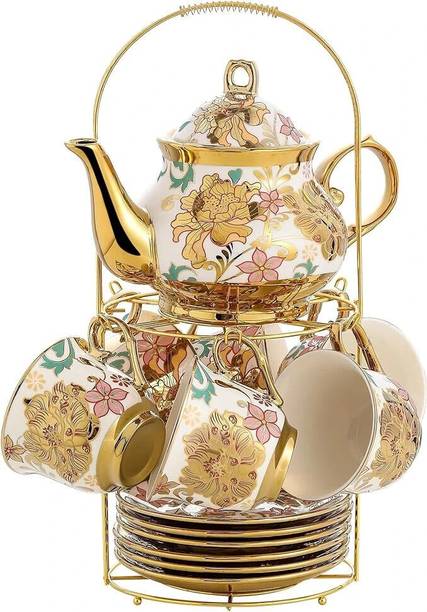 Deedecorwave Pack of 1 Ceramic Tea Set Teapot (800ML) with 6 Cups 180ML , 6 Saucers & Holder Stand