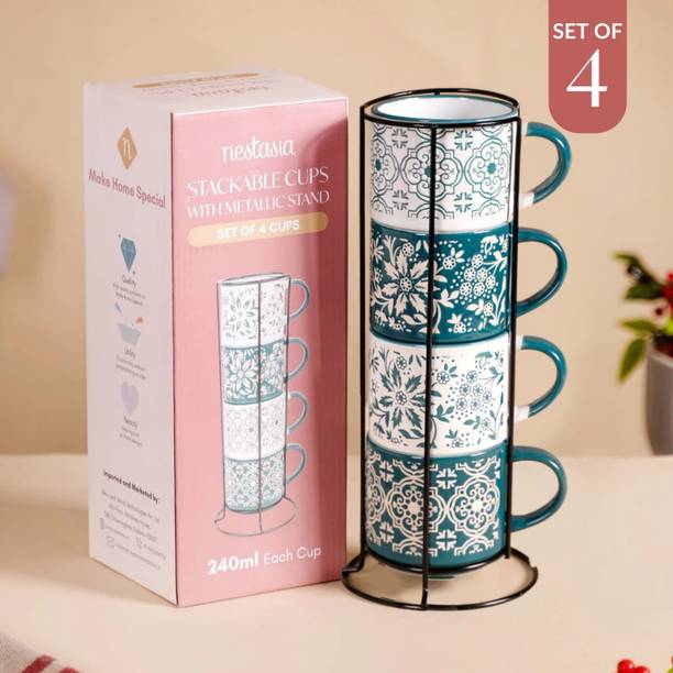 Nestasia Ceramic Stackable Coffee Cups With Stand Green Set Of 4