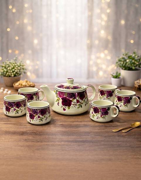 THECREATIVECLAY Pack of 7 Ceramic Handcrafted, Elegant | Teapot Cup Set - 1 Kettle (750ml) & 6 Cups (150 ML)