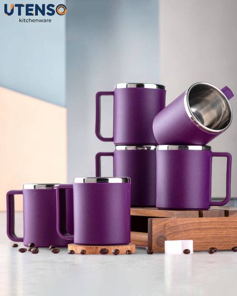 UTENSO Pack of 6 Plastic, Stainless Steel Thermal Insulated Tea Cup Set of 6 Matte Stackable 220ml Scratch Resistant Safe