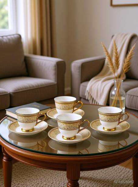 Chandra Bazaar Pack of 12 Bone China Bp Bharat White Golden Royal Design Tea Saucer Cup, Set of 6 Pc Tea Cups & 6 Pc Saucer 170ml