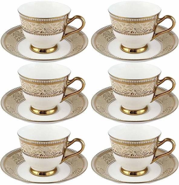 चन्द्र बाज़ार Bp Bharat White Golden Royal Design Tea Saucer Cup, Set of 6 Pc Tea Cups & 6 Pc Saucer 170ml बोन चाइना