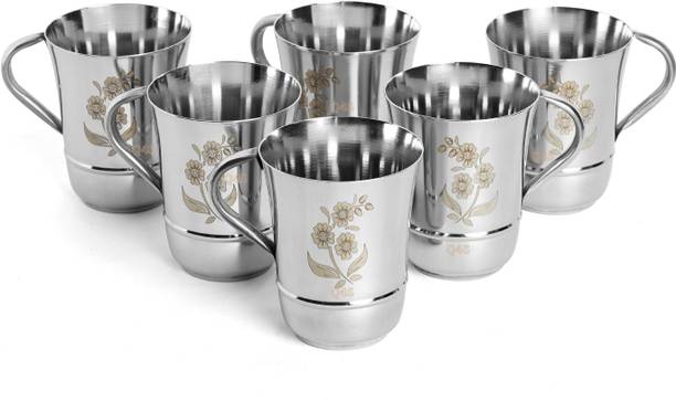 Q4S Pack of 6 Stainless Steel Steel Cups for Tea Stainless Steel Cup Set of 6 - 175 ml Floral Laser Design