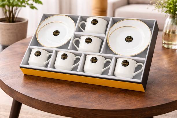 क्रॉकवेयर Ceramic Tea Set - 6 Premium White Mugs & 2 Saucers with Gold Rim सिरेमिक