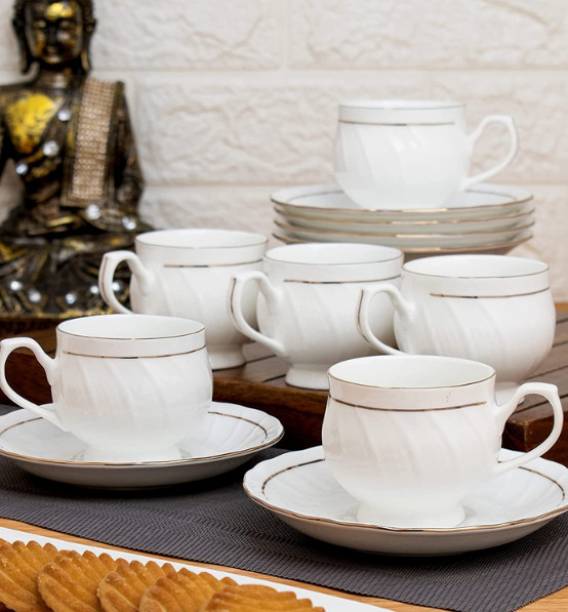 Ryooshin Pack of 6 Bone China Bone China White Cup And Saucer Gold Line, 150 ml ( Set Of 6 Cups with 6 Saucer