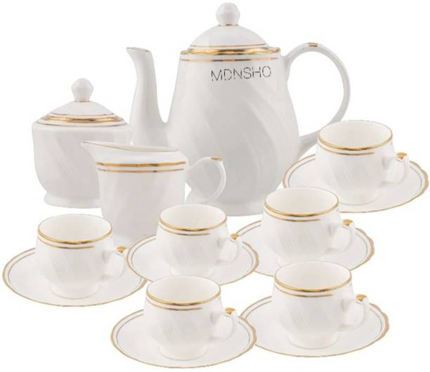मदंशो Tea Set with 6 Cups & Saucer, Tea Kettle Pot, Milk Pot, Sugar Pot White बोन चाइना