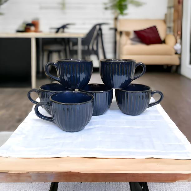 Boncel Pack of 6 Ceramic Metallic Blue Tea/Coffee Cup Set - 130 ML Each