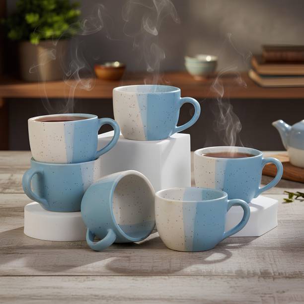Savita Enterprises Pack of 6 Ceramic Premium Cappuccino & Coffee Cup – 180 ml | Elegant White & Blue