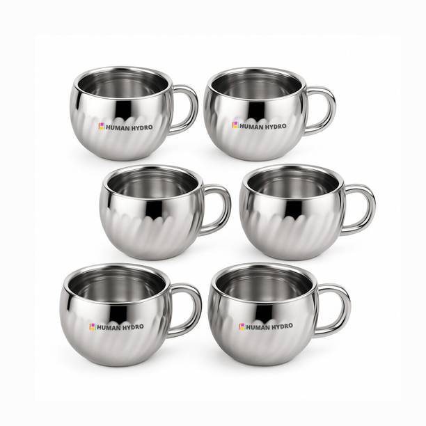 Human Hydro Pack of 6 Stainless Steel Prime Stainless Steel Tea Cups Set | 6-Piece Lotus Pattern Steel Cups