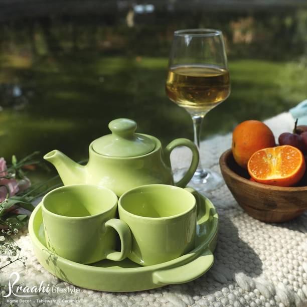 प्राही लाइफस्टाइल Luxury Tea Cup Set with Kettle & Serving Tray| Pastel Green colour|wedding gifts सिरेमिक