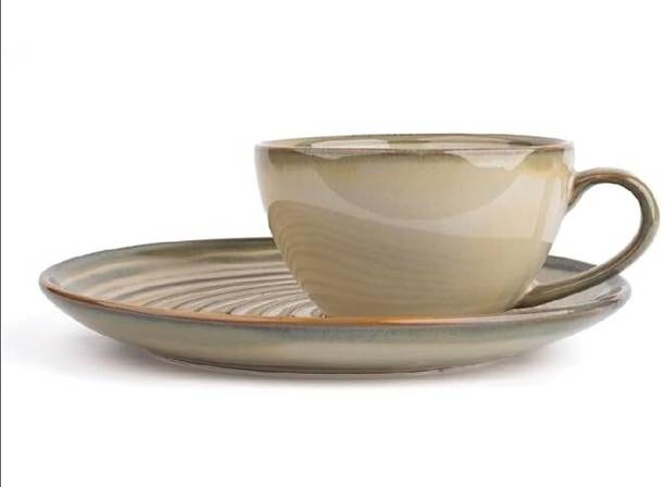 Simply Soho Pack of 1 Ceramic Linen Ripple Snack Ceramic Cup & Saucer Set Microwave & Dishwasher Safe