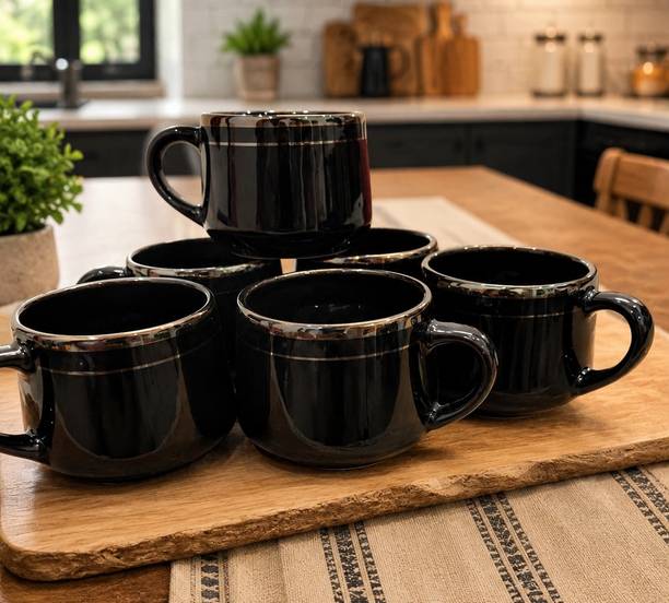 Urban plates Pack of 6 Ceramic Glossy Black premium ceramic tea cup set of 6