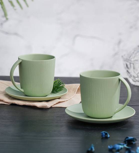 Vola Global LLP Pack of 4 Porcelain Vogue - Cup & Saucer - Conical - set of 4 - Moss