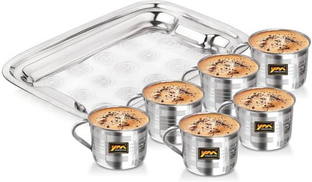 YM Stainless Steel Pack of 7 Steel - Deluxe Royal Tea Cup Coffee Cup (6 PCs Cups with Tray) - 140ml