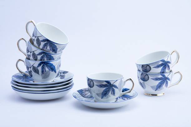 गोल्डन क्वीन्स GOLDEN QUEEN'S Cups & Saucer Set for Coffee/Tea- Set of 12 pcs (Maple - Blue) सिरेमिक
