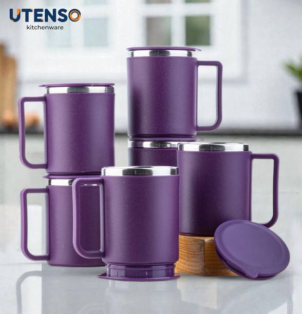 UTENSO Pack of 6 Plastic, Stainless Steel Premium Quality Double Walled Tea Coffee Cups With Lid Handle Set For Home 6 Pcs