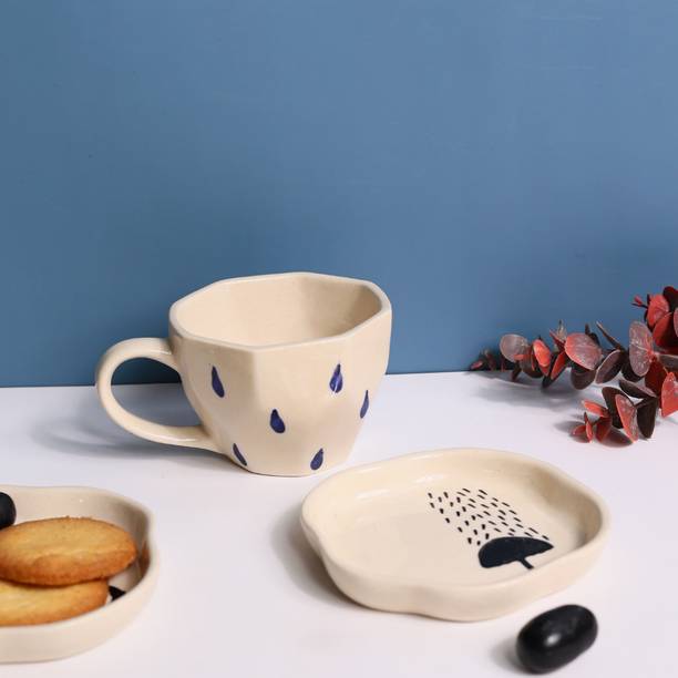 Weaving Homes Pack of 2 Ceramic Ceramic Raindrop Mug & Umbrella Dessert Plate Gift to Friend & Love (Set of 1)