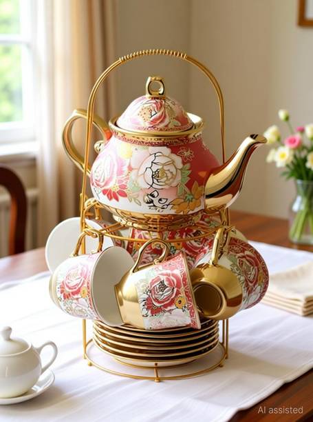 DEEPTECH EXPERTISE Pack of 13 Porcelain Rose Gold Tea Set With Teapot,Tea Set With Kettle | Floral Designer Tea Set