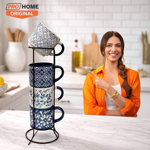 ProHome Pack of 4 Ceramic Tea & Coffee Cups with Space Saving Metal Stand