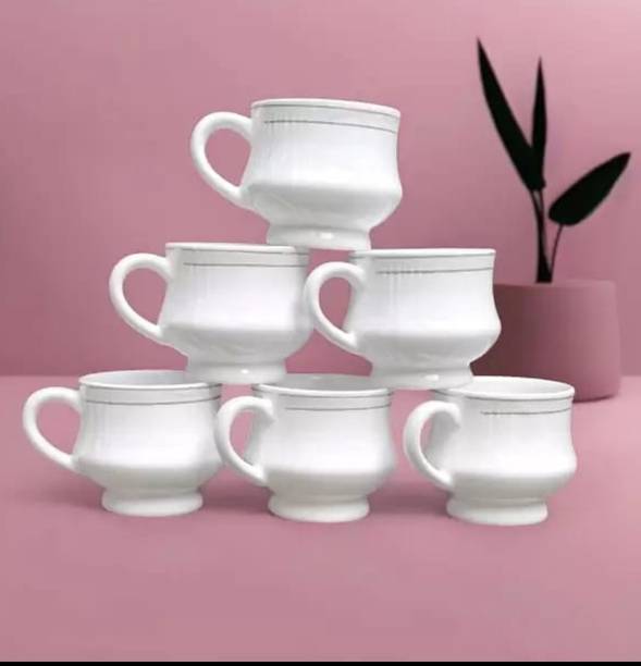 KIKI CREATION Pack of 6 Ceramic, Bone China Premium Quality Small Size white Mona tea cup set