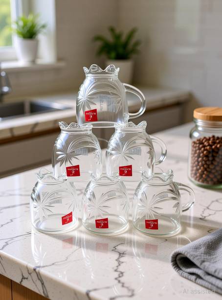 Elven Pack of 6 Glass BLINKMAX Transparent Flower Design Tea Cup Coffee Cup Set Made of Glass 155 ml