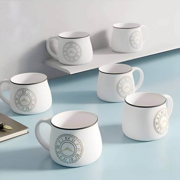 Moon Dust Ceramic O'clock Tea Cup Set of 6-200ml Capacity Clock Print Microwave & Dishwasher Safe