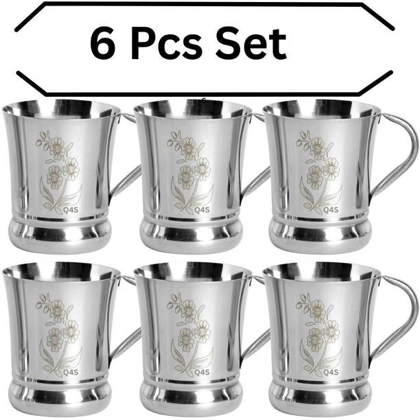 Q4S Pack of 6 Stainless Steel, Steel cups for tea coffee cups Flower design