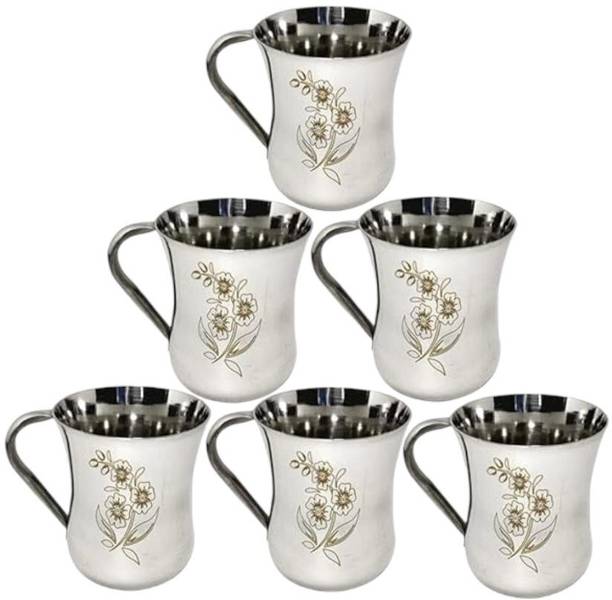 Swati Pack of 6 Stainless Steel Tea Cup 6 Pcs Flower Laser Printed Tea/coffee/Milk/Water Cup
