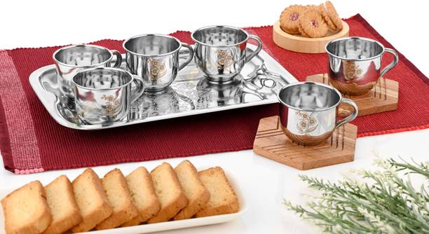YM Stainless Steel Pack of 6 Stainless Steel Tea & Coffee Set (6 PCs Cups with Tray) 130ml Laser Design