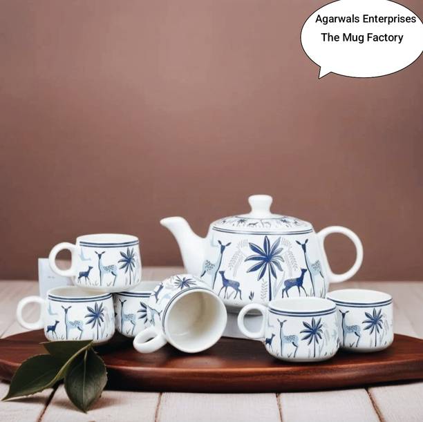 The Mug Factory Pack of 7 Ceramic Stag Blue Tea Chai Cups Set of 6 with 750 ml Kettle,150ml Coffee Mugs Ideal Gift